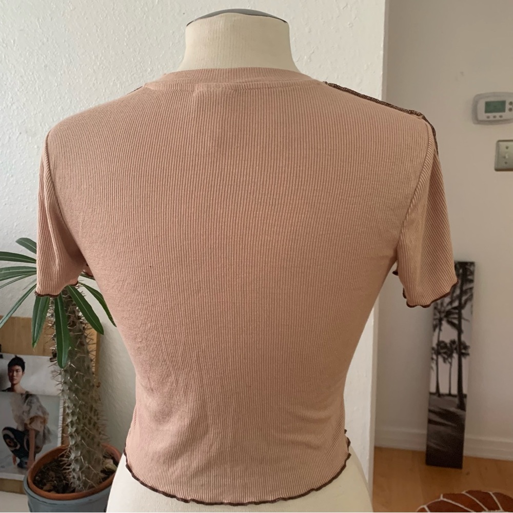 Self Esteem Tan and brown Short sleeve cropped top; lightweight ribbed texture - Picture 8 of 8
